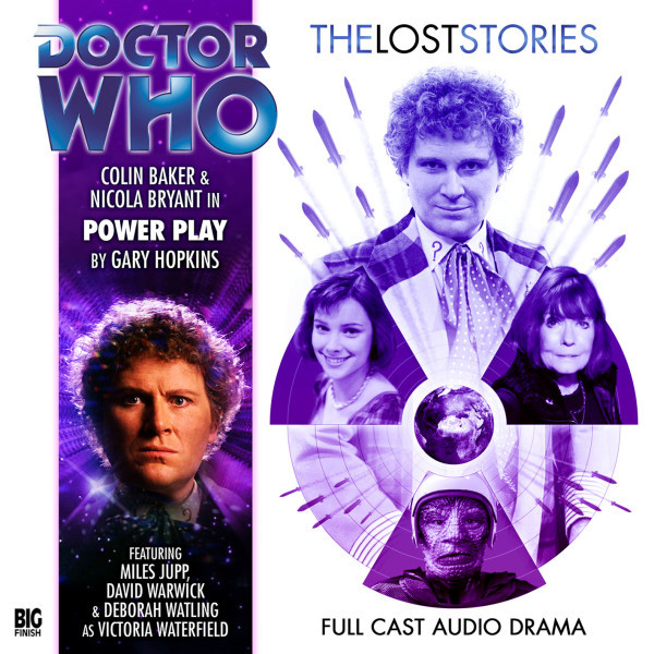 The Big Finish cover for Power Play, showing the Sixth Doctor, Peri and Victoria Waterfield, as well as a lizard-like creature.