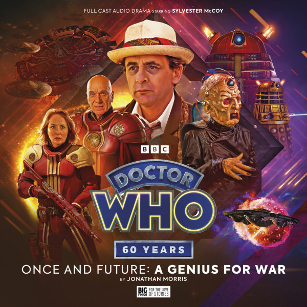 The cover for A Genius for War, showing the Seventh Doctor, the General, Veklin and Davros, with a bronze Dalek and the Dalek Supreme in the background.